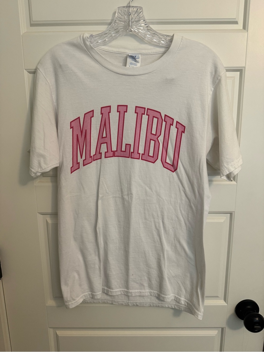 Port and Company White Tee with Pink "MALIBU" Graphic
